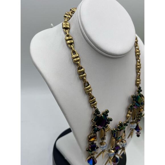 J. Crew Iridescent Dark Purple Green Rhinestone Spear Dangles Bib Necklace - Picture 6 of 9